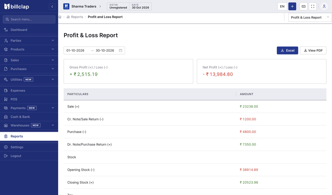 Profit and Loss Report with gross profit, net profit and particulars