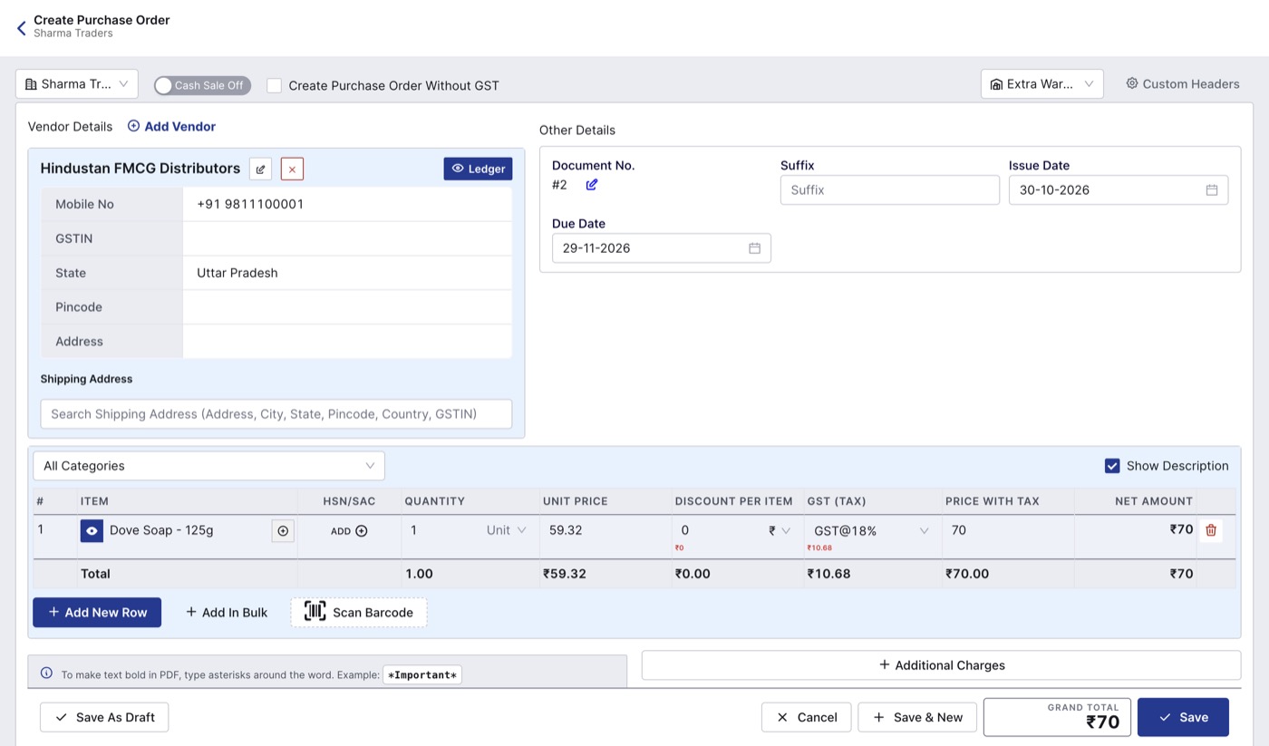 Create Purchase Order screen in BillClap Offline with vendor and item