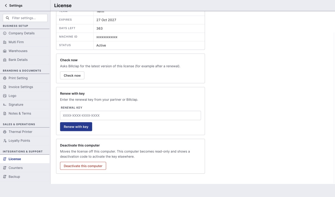 License page with Check now, Renew with key and Deactivate this computer