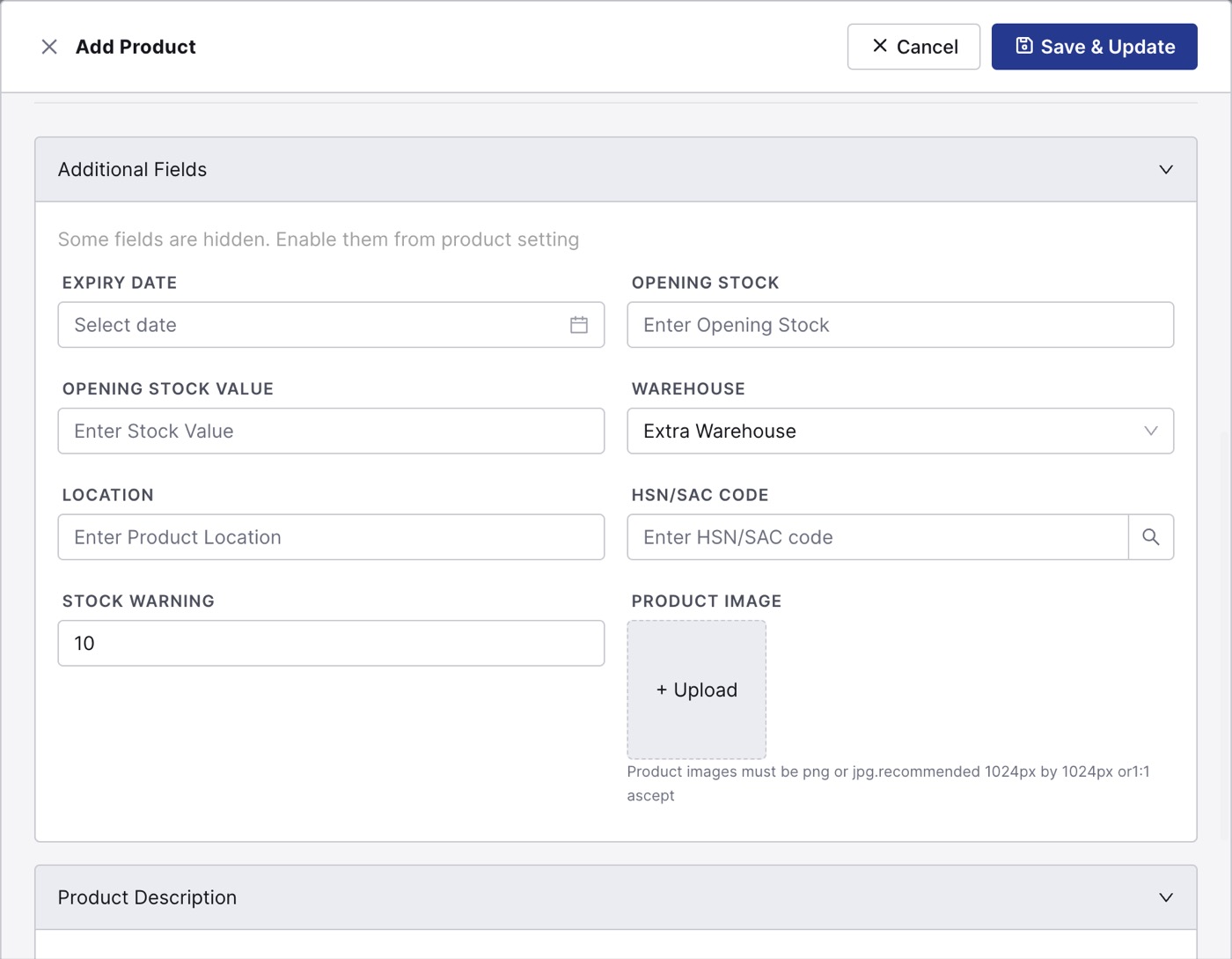 Add Product Additional Fields with Stock Warning set to 10