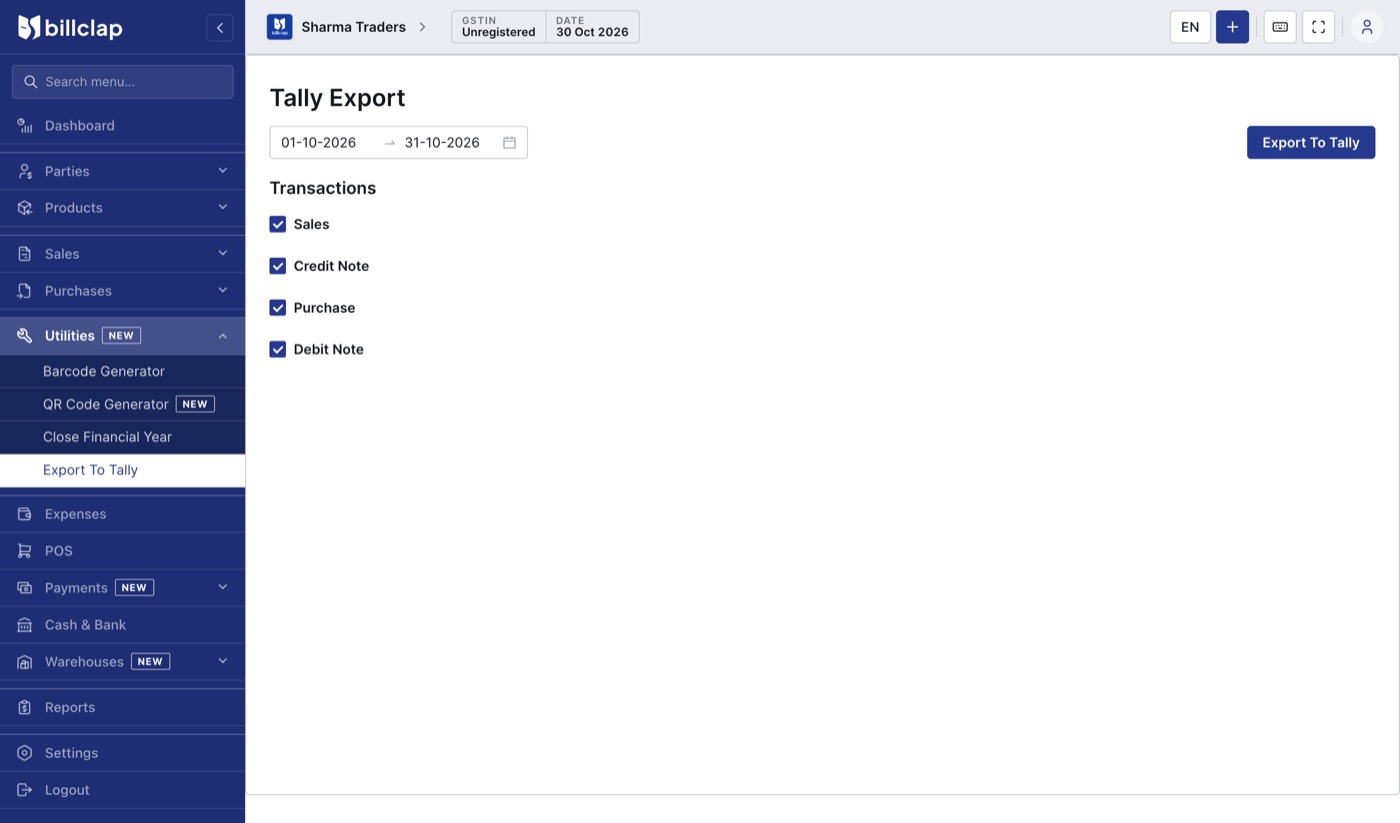 Tally Export screen with date range and Sales, Credit Note, Purchase and Debit Note options